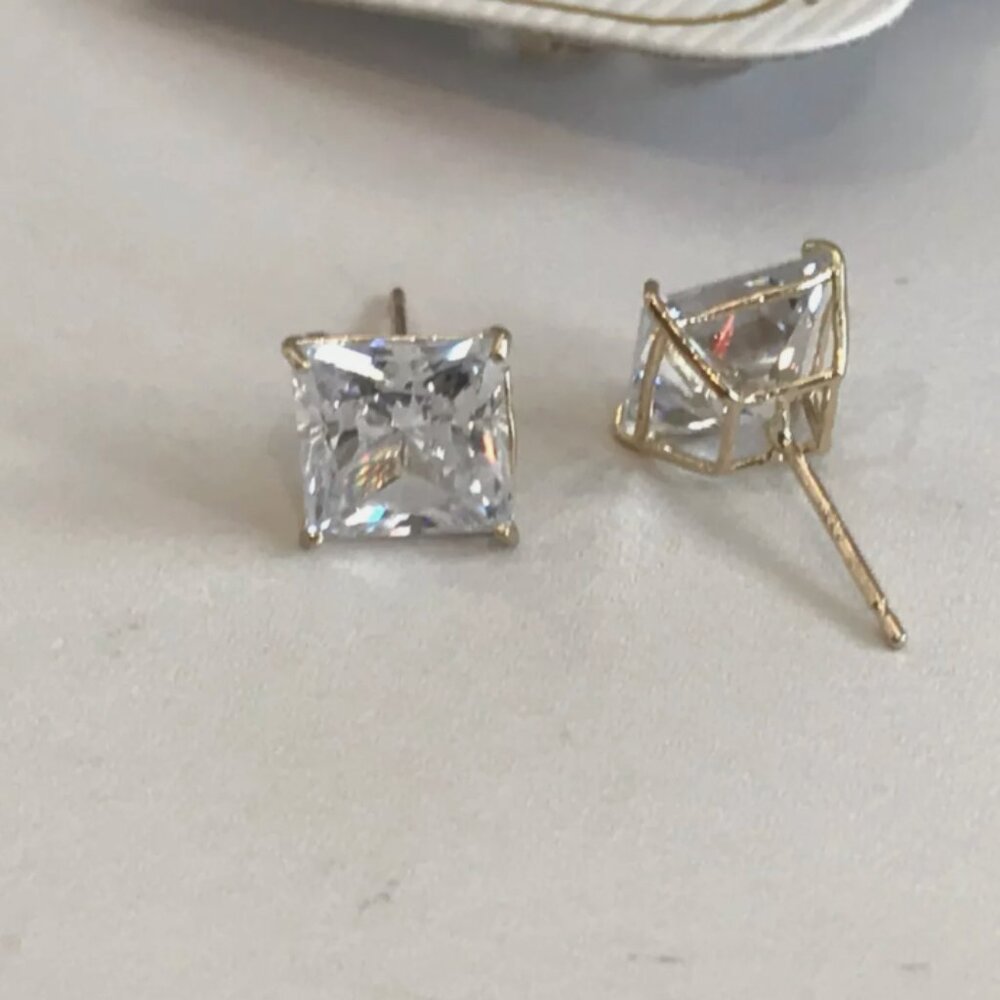 14K SOLID GOLD STUD EARRINGS W/ 3 CT SIMULATED DIAMONDS PRINCESS CUT